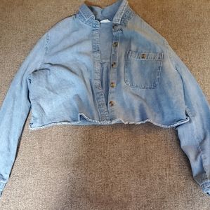 blue denim long-sleeved Cropped shirt -aeropostale